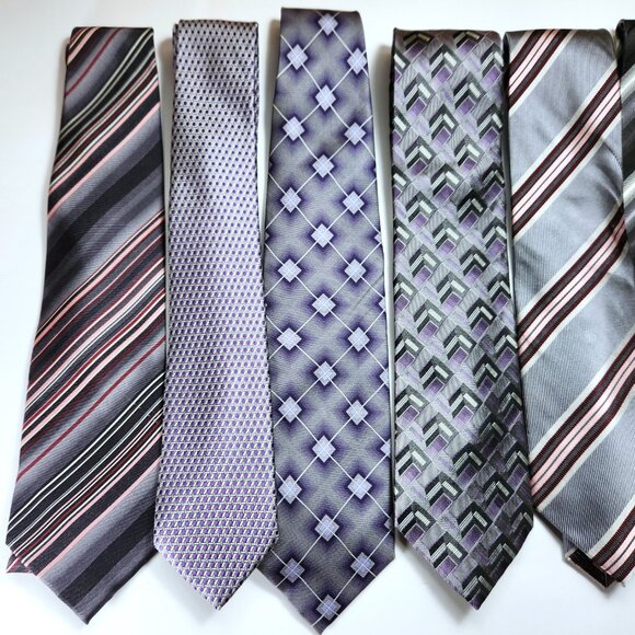 Lot of Seven Neckties Mens Greys Blacks Purples Pinks Various Designs and Makers - Picture 2 of 13